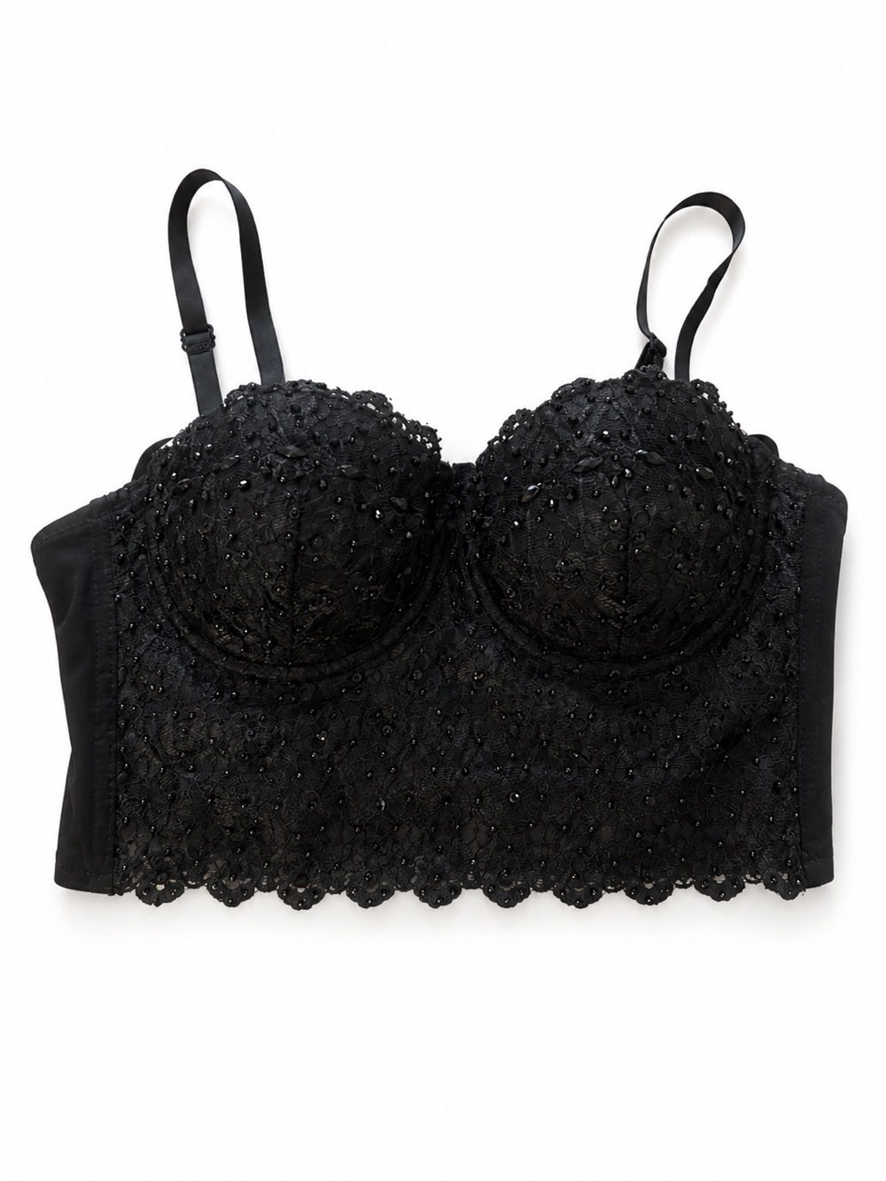 Windsor Black Lace Bustier Corset Top Beaded Longline Bralette Medium
